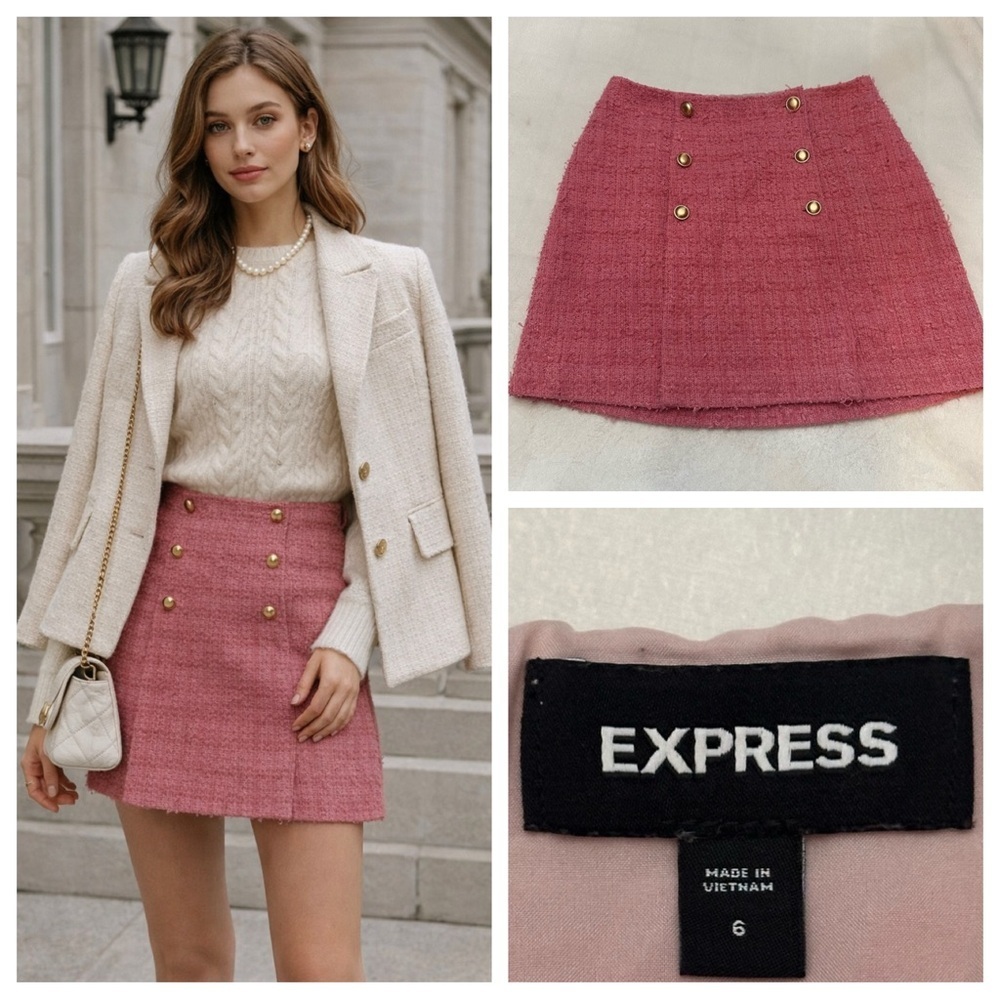 Express Pink Tweed Mini Skirt with Gold Buttons 51567